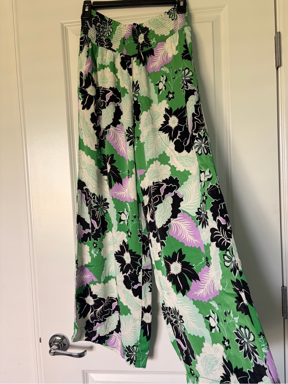 Maeve S Anthropologie Green Floral Wide-Leg Pants with Black & Lavender Accents